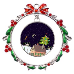 House Tree Man Moon Night Stars Metal X mas Wreath Ribbon Ornament by Pakjumat