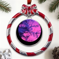 Fir Sunset Frost Snow Metal Red Ribbon Round Ornament by Pakjumat