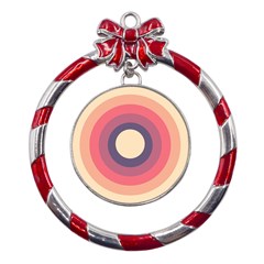 Circles Pattern Bullseye Cream Metal Red Ribbon Round Ornament