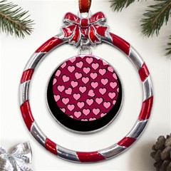 Pattern Pink Abstract Heart Metal Red Ribbon Round Ornament by Pakjumat