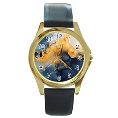 Abstract Marble Design Background Round Gold Metal Watch by Pakjumat