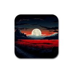 Winter Painting Moon Night Sky Rubber Square Coaster (4 Pack) by Pakjumat