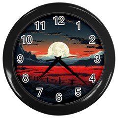 Winter Painting Moon Night Sky Wall Clock (black) by Pakjumat