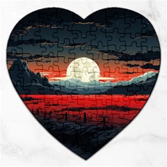 Winter Painting Moon Night Sky Jigsaw Puzzle (Heart)