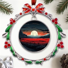 Winter Painting Moon Night Sky Metal X mas Wreath Ribbon Ornament by Pakjumat