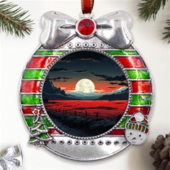 Winter Painting Moon Night Sky Metal X mas Ribbon With Red Crystal Round Ornament by Pakjumat