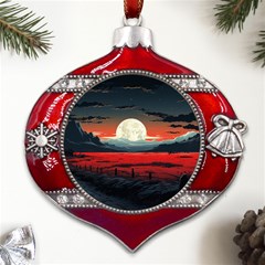 Winter Painting Moon Night Sky Metal Snowflake And Bell Red Ornament by Pakjumat