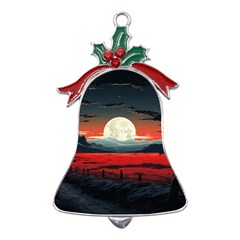 Winter Painting Moon Night Sky Metal Holly Leaf Bell Ornament by Pakjumat