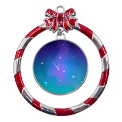 Stars Sky Cosmos Galaxy Metal Red Ribbon Round Ornament by Pakjumat