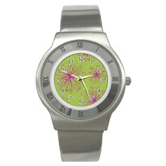 Dandelion Flower Background Nature Flora Drawing Stainless Steel Watch by Pakjumat