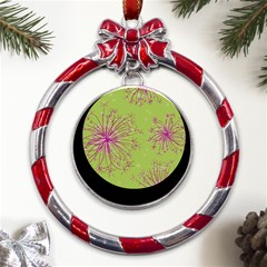 Dandelion Flower Background Nature Flora Drawing Metal Red Ribbon Round Ornament by Pakjumat