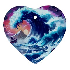 Storm Tsunami Waves Ocean Sea Nautical Nature Heart Ornament (two Sides) by Pakjumat