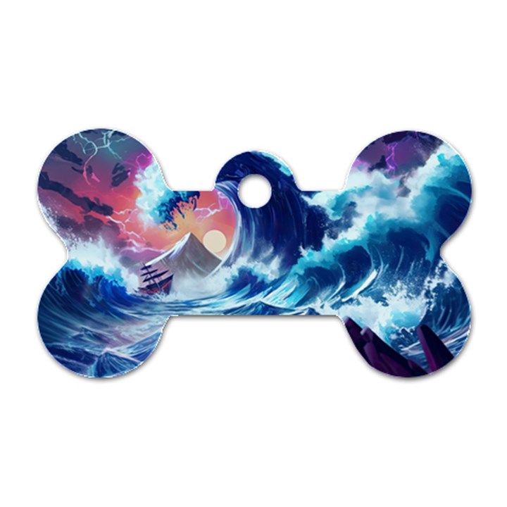 Storm Tsunami Waves Ocean Sea Nautical Nature Dog Tag Bone (Two Sides)