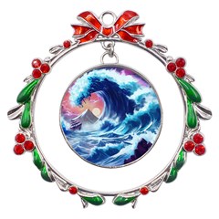 Storm Tsunami Waves Ocean Sea Nautical Nature Metal X mas Wreath Ribbon Ornament by Pakjumat