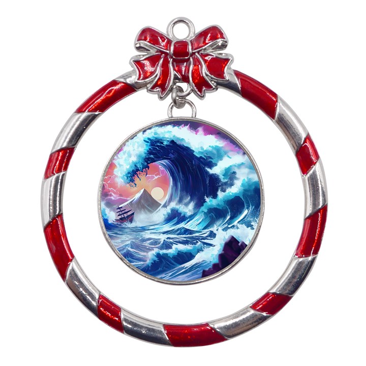 Storm Tsunami Waves Ocean Sea Nautical Nature Metal Red Ribbon Round Ornament