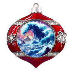 Storm Tsunami Waves Ocean Sea Nautical Nature Metal Snowflake And Bell Red Ornament by Pakjumat