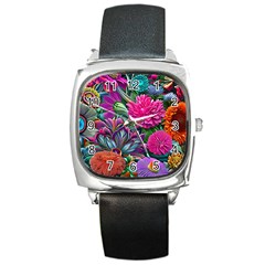 Flowers Nature Spring Blossom Flora Petals Art Square Metal Watch by Pakjumat