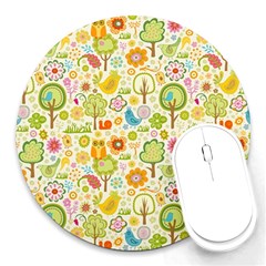 Nature Doodle Art Trees Birds Owl Children Pattern Multi Colored Round Mousepad by Pakjumat