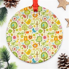 Nature Doodle Art Trees Birds Owl Children Pattern Multi Colored Ornament (round) by Pakjumat