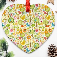 Nature Doodle Art Trees Birds Owl Children Pattern Multi Colored Ornament (heart) by Pakjumat