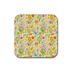 Nature Doodle Art Trees Birds Owl Children Pattern Multi Colored Rubber Coaster (square) by Pakjumat