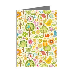 Nature Doodle Art Trees Birds Owl Children Pattern Multi Colored Mini Greeting Card by Pakjumat