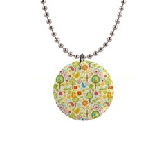 Nature Doodle Art Trees Birds Owl Children Pattern Multi Colored 1  Button Necklace by Pakjumat