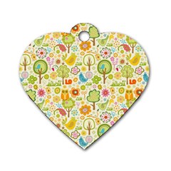 Nature Doodle Art Trees Birds Owl Children Pattern Multi Colored Dog Tag Heart (two Sides) by Pakjumat