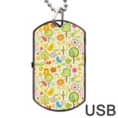 Nature Doodle Art Trees Birds Owl Children Pattern Multi Colored Dog Tag Usb Flash (two Sides) by Pakjumat