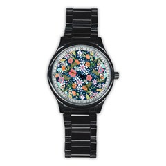 Flowers Flower Flora Nature Floral Background Painting Stainless Steel Round Watch by Pakjumat