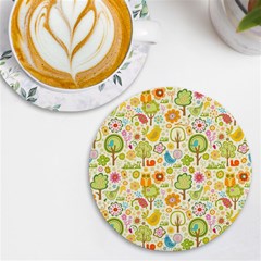 Nature Doodle Art Trees Birds Owl Children Pattern Multi Colored Uv Print Round Tile Coaster by Pakjumat