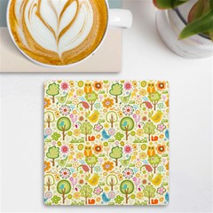 Nature Doodle Art Trees Birds Owl Children Pattern Multi Colored Uv Print Square Tile Coaster  by Pakjumat