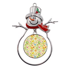 Nature Doodle Art Trees Birds Owl Children Pattern Multi Colored Metal Snowman Ornament