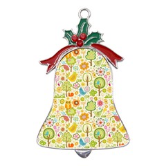 Nature Doodle Art Trees Birds Owl Children Pattern Multi Colored Metal Holly Leaf Bell Ornament by Pakjumat