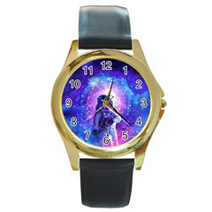 The Cosmonaut Galaxy Art Space Astronaut Round Gold Metal Watch by Pakjumat