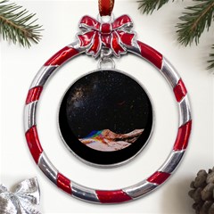 Retro Vintage Space Galaxy Metal Red Ribbon Round Ornament by Pakjumat