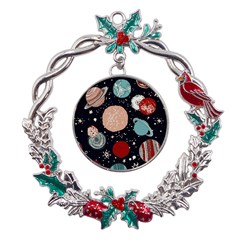 Space Galaxy Pattern Metal X mas Wreath Holly Leaf Ornament by Pakjumat