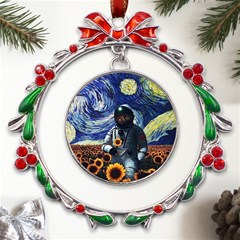 Starry Surreal Psychedelic Astronaut Space Metal X mas Wreath Ribbon Ornament by Pakjumat