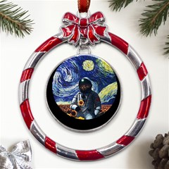 Starry Surreal Psychedelic Astronaut Space Metal Red Ribbon Round Ornament by Pakjumat