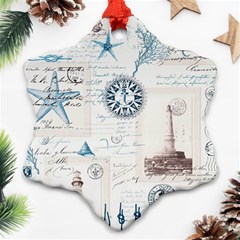 Nautical Lighthouse Vintage Postcard French Writing Snowflake Ornament (two Sides) by Pakjumat