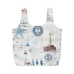 Nautical Lighthouse Vintage Postcard French Writing Full Print Recycle Bag (m) by Pakjumat