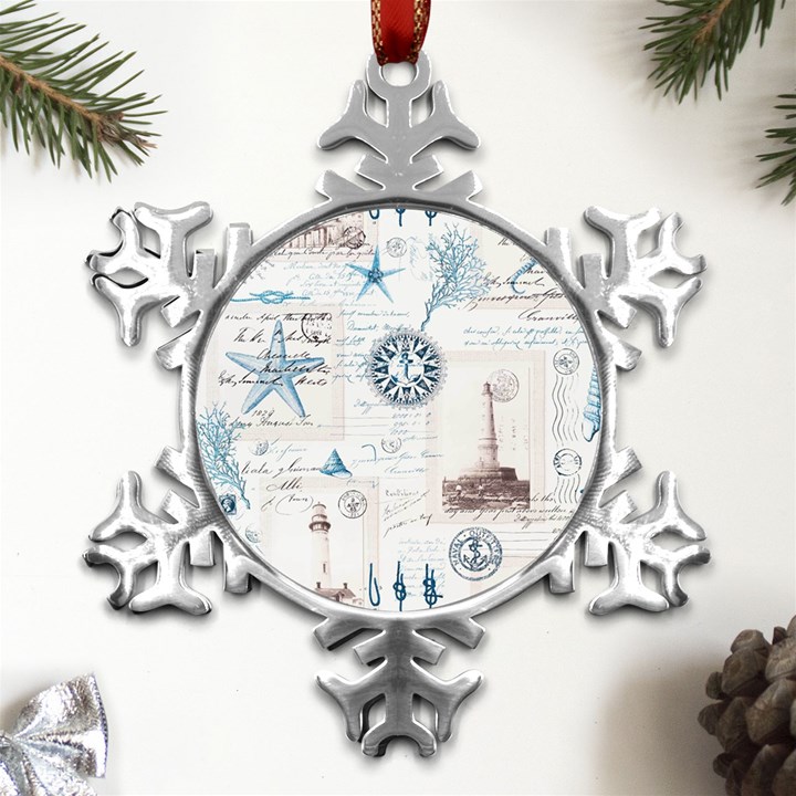 Nautical Lighthouse Vintage Postcard French Writing Metal Small Snowflake Ornament