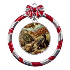 Turtles Leatherback Sea Turtle Metal Red Ribbon Round Ornament by Pakjumat