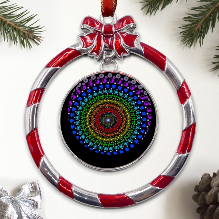 3d Psychedelic Shape Circle Dots Color Metal Red Ribbon Round Ornament