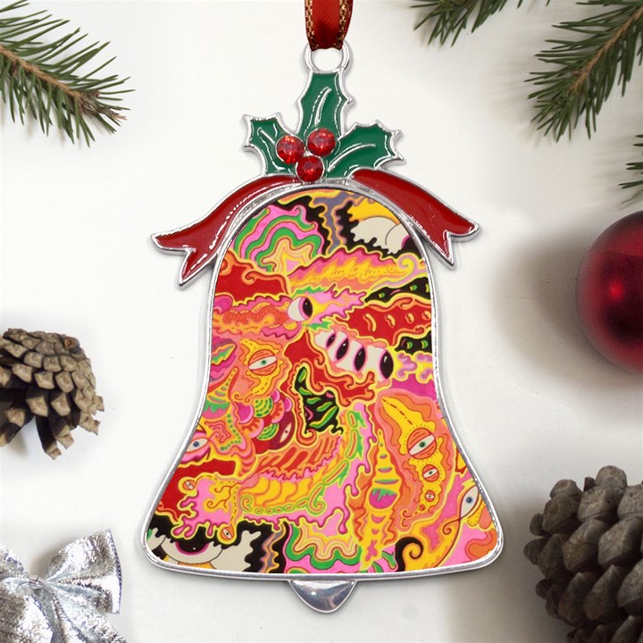 Fantasy Psychedelic Surrealism Trippy Metal Holly Leaf Bell Ornament