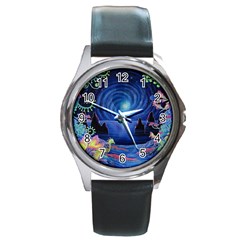 Psychedelic Mushrooms Psicodelia Dream Blue Round Metal Watch by Modalart