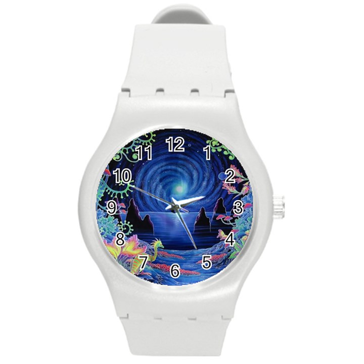 Psychedelic Mushrooms Psicodelia Dream Blue Round Plastic Sport Watch (M)