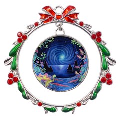 Psychedelic Mushrooms Psicodelia Dream Blue Metal X mas Wreath Ribbon Ornament by Modalart