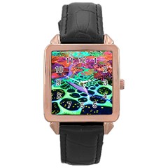 Psychedelic Blacklight Drawing Shapes Art Rose Gold Leather Watch  by Modalart