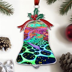 Psychedelic Blacklight Drawing Shapes Art Metal Holly Leaf Bell Ornament by Modalart